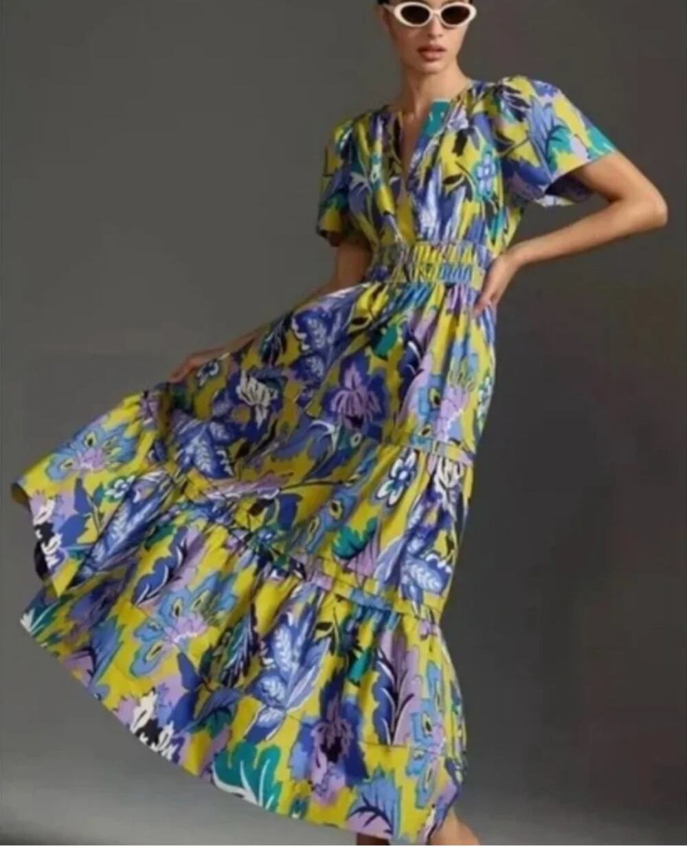 Anthropologie Somerset Maxi Midi Tiered Floral Dress 1X XL Purple Yellow Green